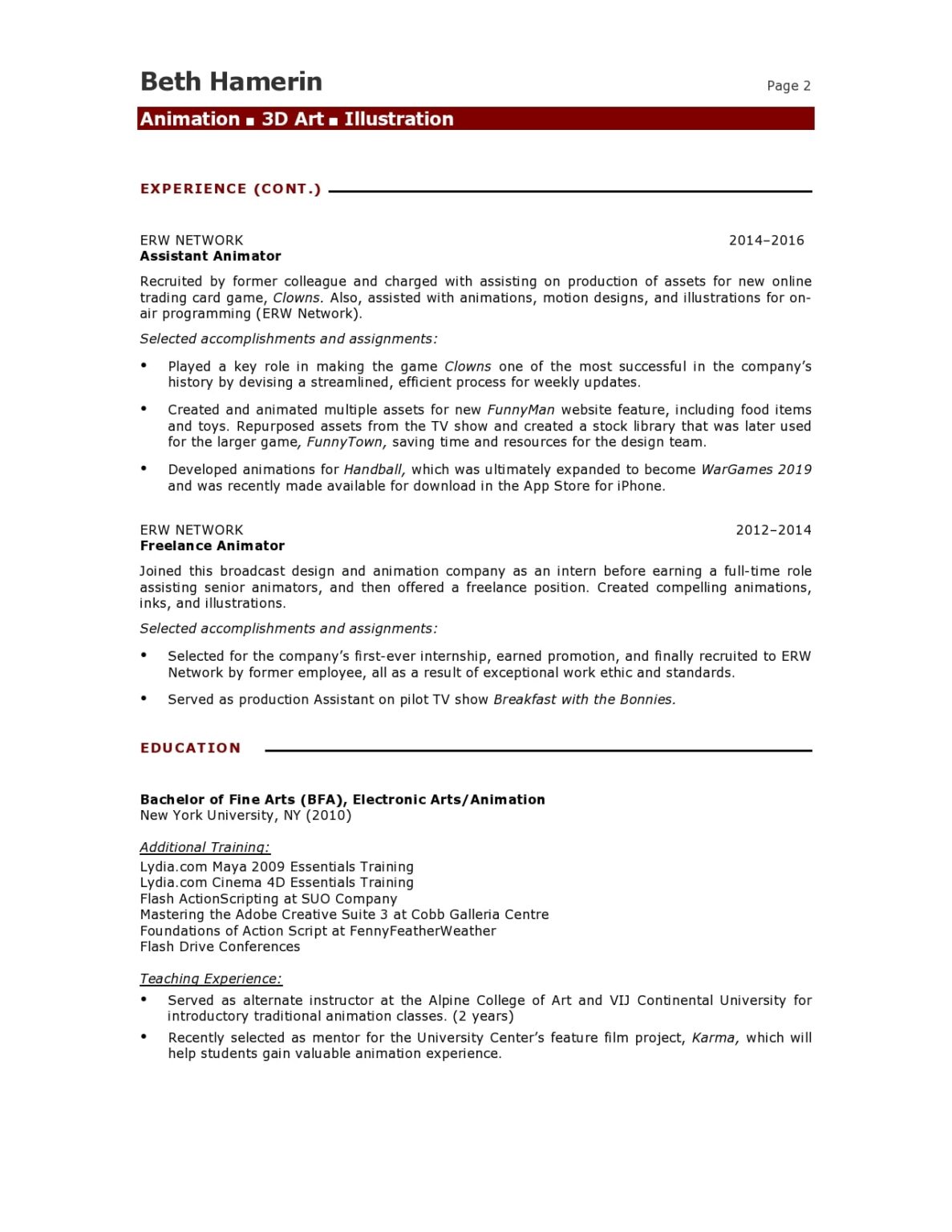 Animator/3D Artist - Resume Sample | Blue Sky Resumes