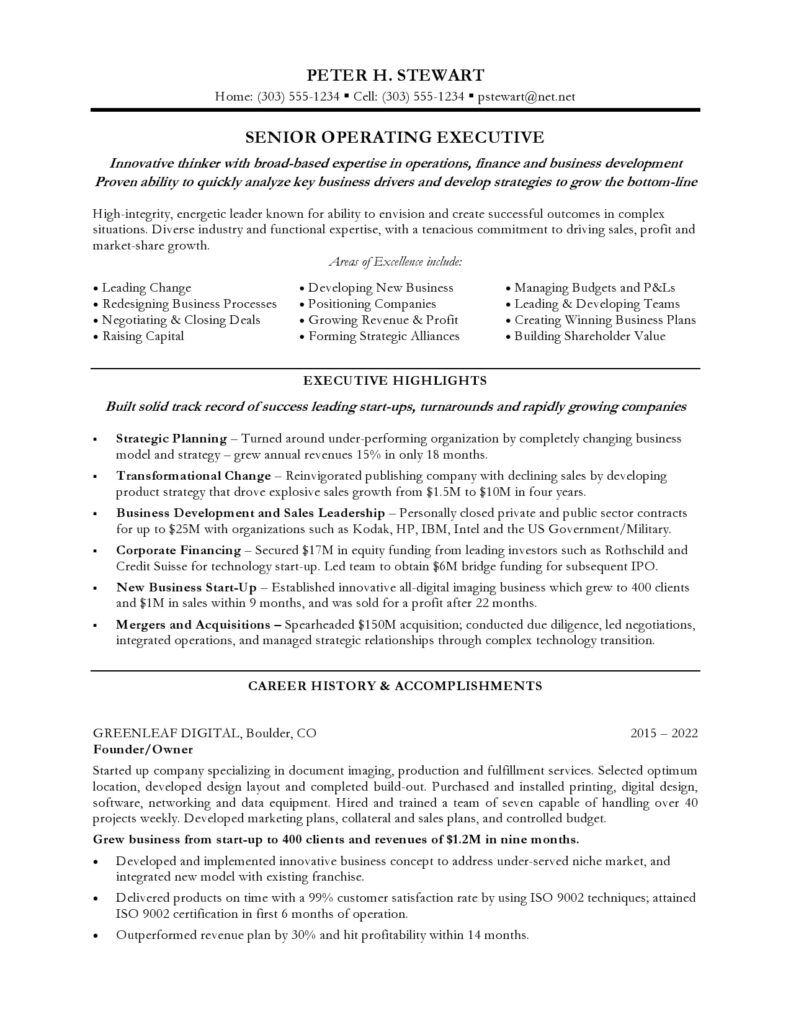 CEO/COO resume page 1