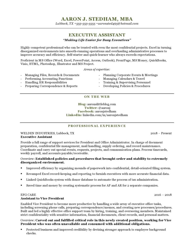 Executive Assistant resume page 1