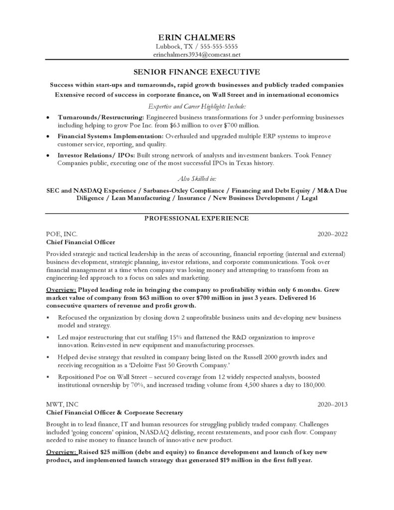 Finance Executive resume page 1