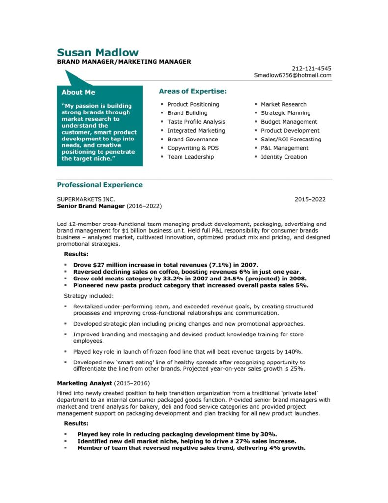 Marketing Manager resume page 1