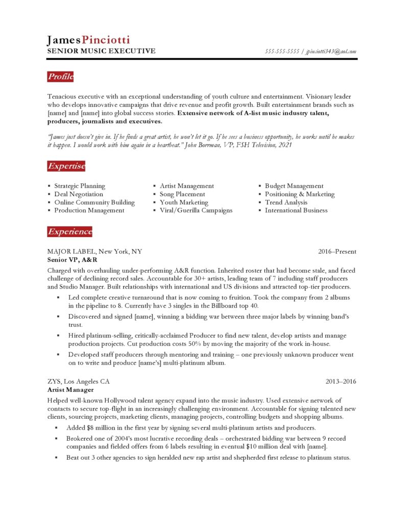 Music Industry Executive resume page 1