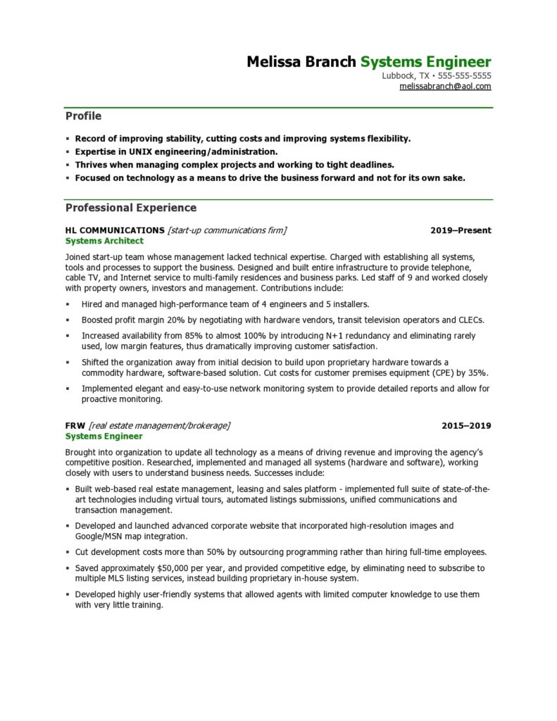 Systems Engineer resume page 1
