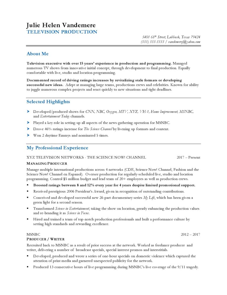 TV Producer - Resume Sample | Blue Sky Resumes