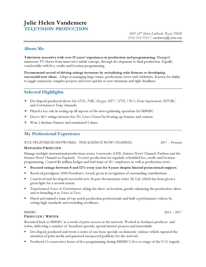 TV producer resume page 1