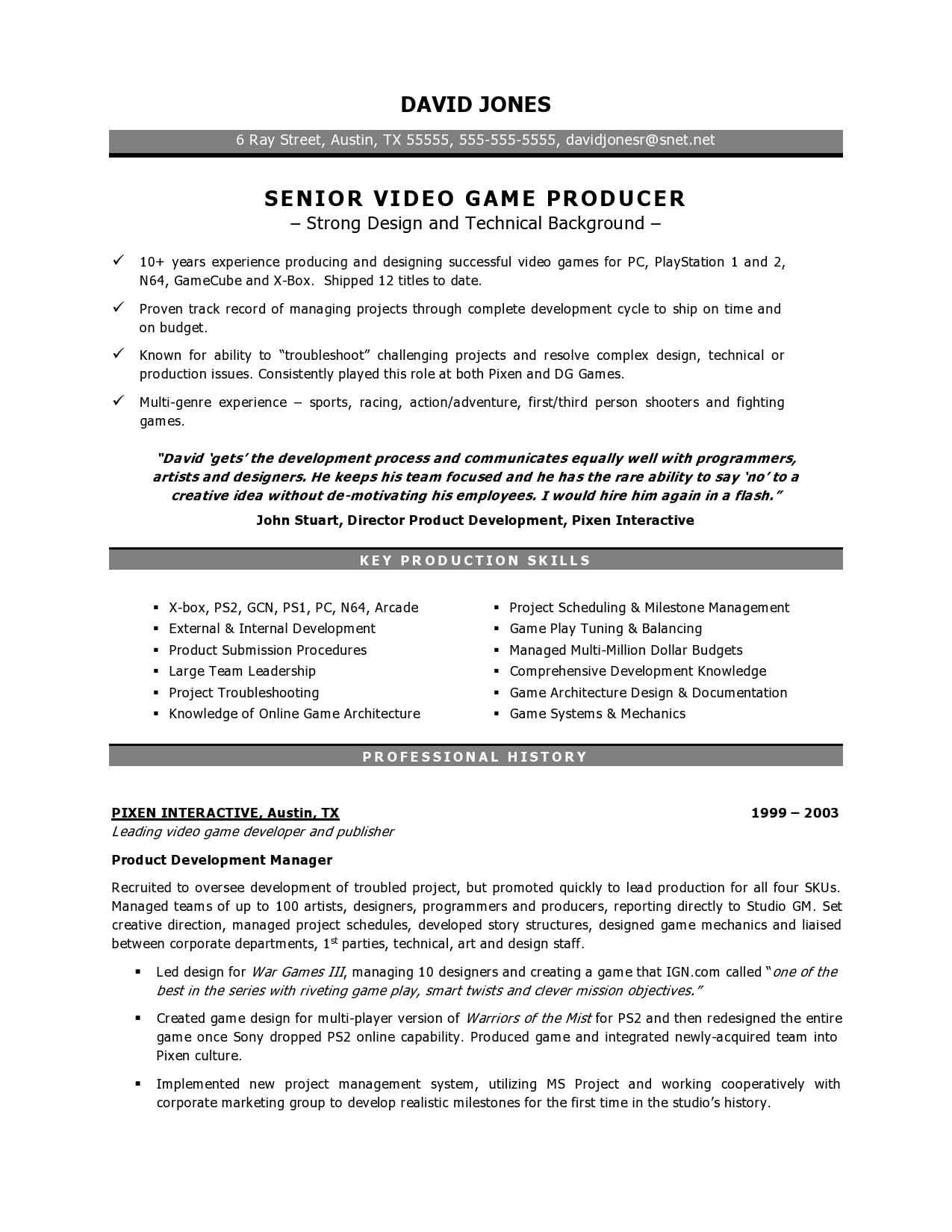Game producer Resume Sample